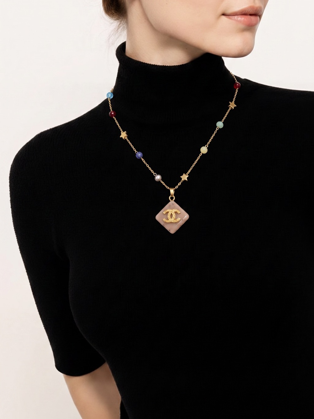 Fashion Jewelry Gold-Tone Multicolor Bead Necklace with Pink Pendant